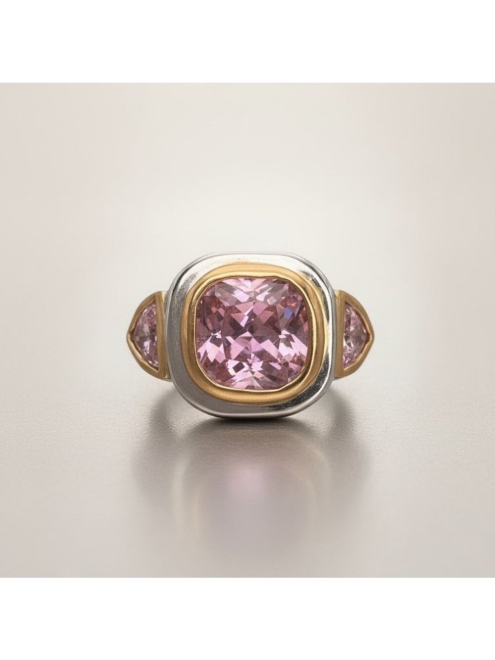 Sterling Silver Ring w/ 18K Gold Accents Pink Cushion &Triangular Cut CZ Size 6